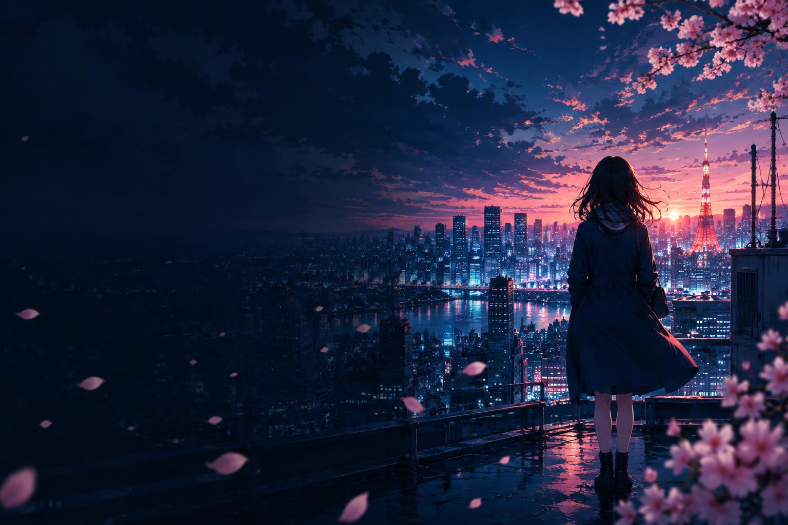 Anime-inspired rooftop overlooking a luminous Tokyo skyline at sunset
